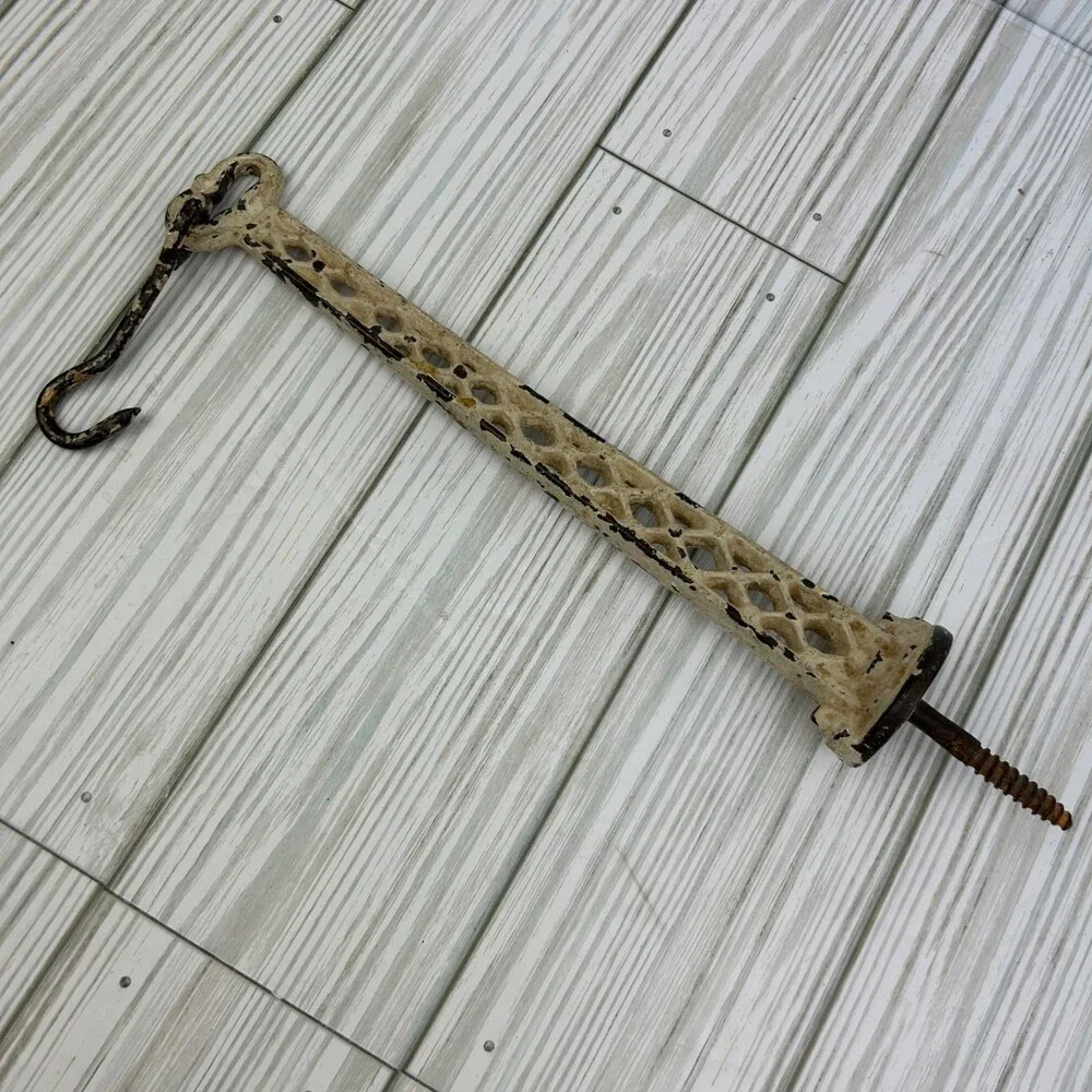 Vintage Cast Iron Wall Hanger Hook Ivory Chippy Rusty Crusty Lattice Screw-In 8